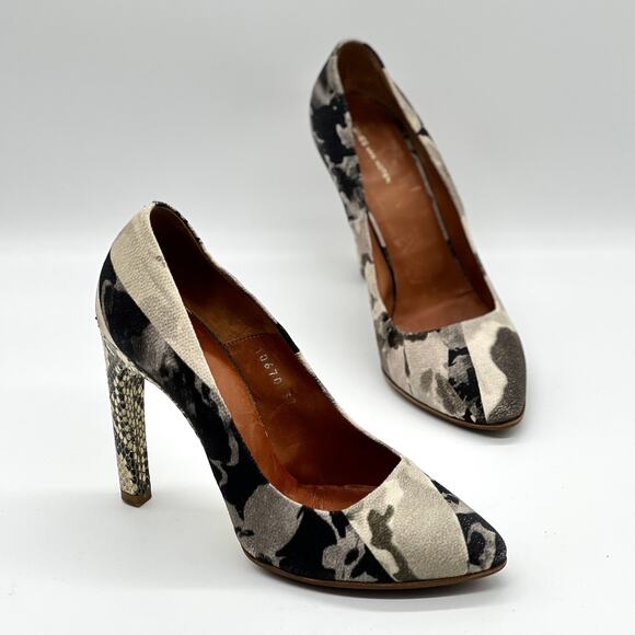 DRIES VAN NOTEN Heels Womens 6.5 Gray Black Snake Print Patchwork Camo Print - Picture 1 of 12